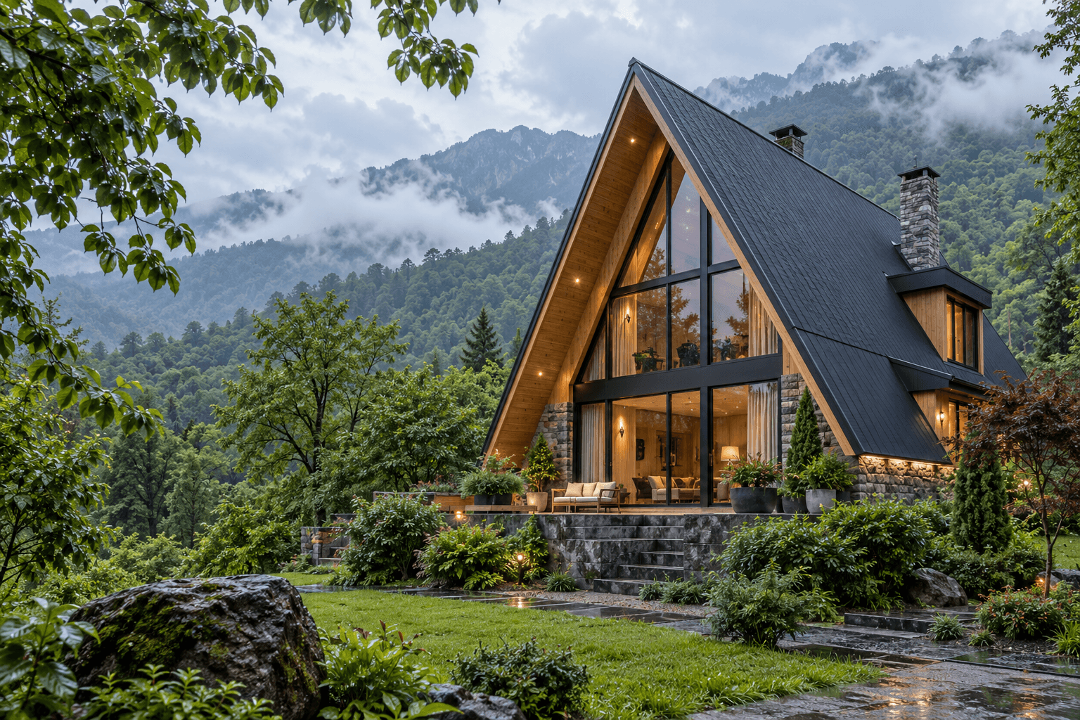 نمای ویلای سوئیسی A-frame در فضای جنگلی، نمونه الهام‌بخش برای ساخت ویلا در بابل